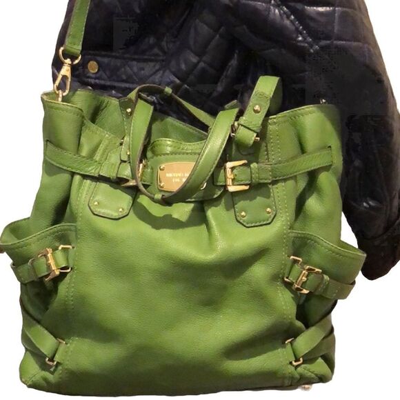 MICHAEL KORS Gansevoort Green Leather Crossbody Handbag Tote W Gold Accents - Picture 3 of 16